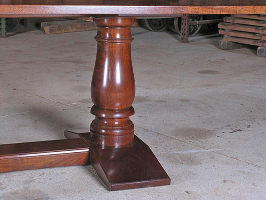 PEDESTAL/ TRESTLE DINING TABLE, BLACK AND CLARO WALNUT, 48" X 120" BOOK MATCHED TOP, AGED FINISH  (T119)